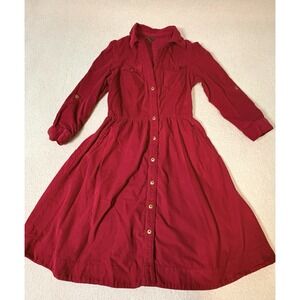 Anthropologie Fei Corduroy Shirt Dress Womens Size 6 Roll Tab 3/4 Sleeve Red